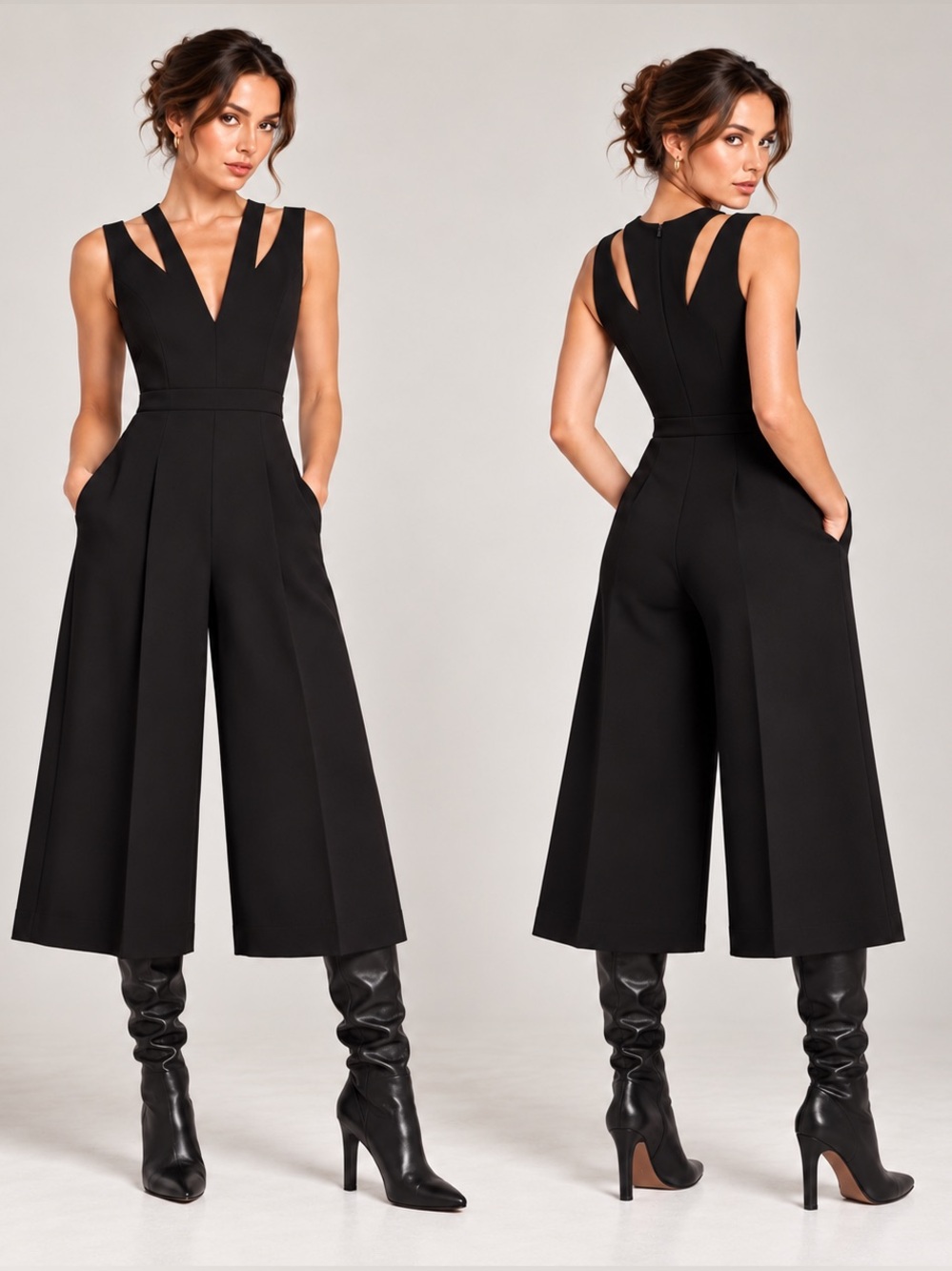 BCBGMaxAzria Black V Neck Wide Leg Sleeveless Jumpsuit Culotte Capris Tailored X